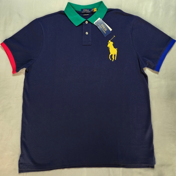 Men's POLO RALPH LAUREN Navy Blue Mesh Contrast Trim POLO Shirt/Custom slim fit - Picture 3 of 8